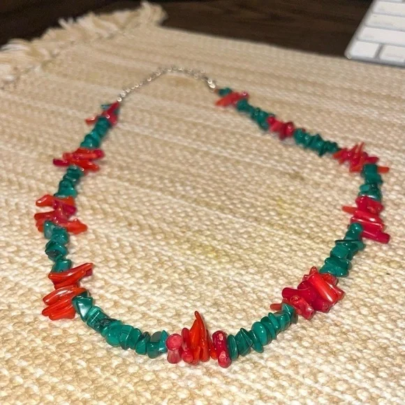 Red Dyed Coral Bamboo and Malachite Handmade Necklace - Picture 2 of 4